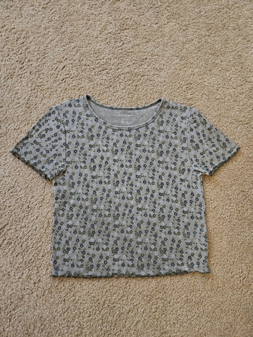 American Eagle Women's Green Floral Short Sleeve Rib Knit Tee Crop Medium M